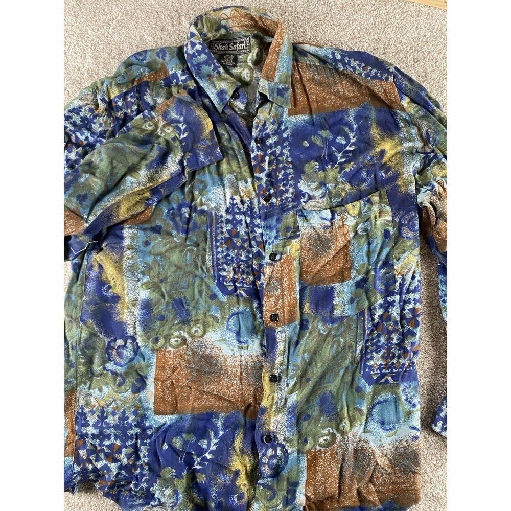 Vintage Shah Safari Shirt Men M Tribal Geometric Aztec Button Up Floral Loud Y2K - Picture 4 of 8